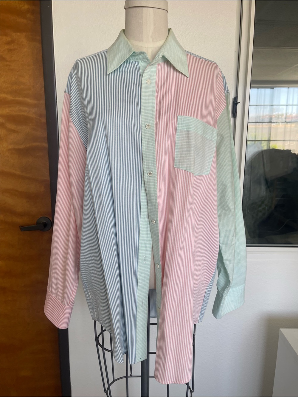 SOLID & STRIPED COLOR BLOCKED OVER SIZED BUTTON UP SHIRT